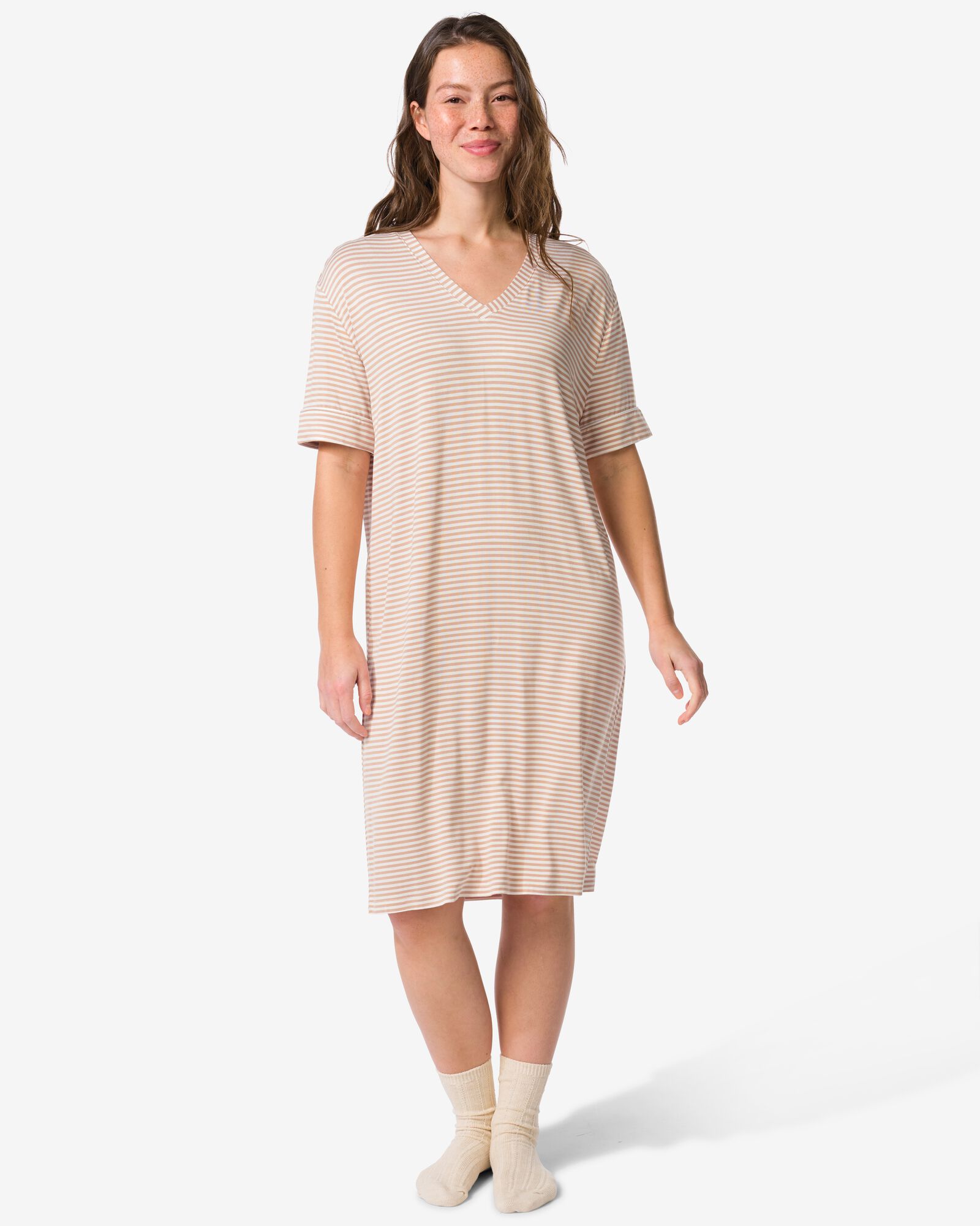 chemise de nuit femme jersey rayures beige beige - 23401475BEIGE - HEMA
