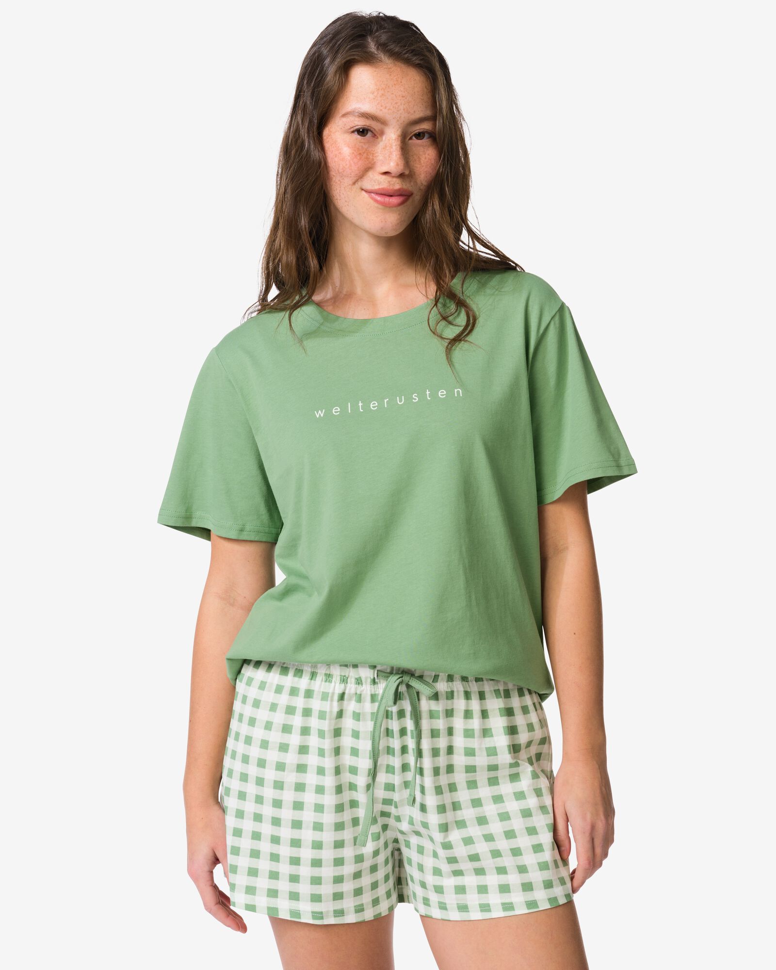 Damen-Kurz-Pyjama aus Jersey kariert gr&uuml;n gr&uuml;n - 23401560GREEN - HEMA