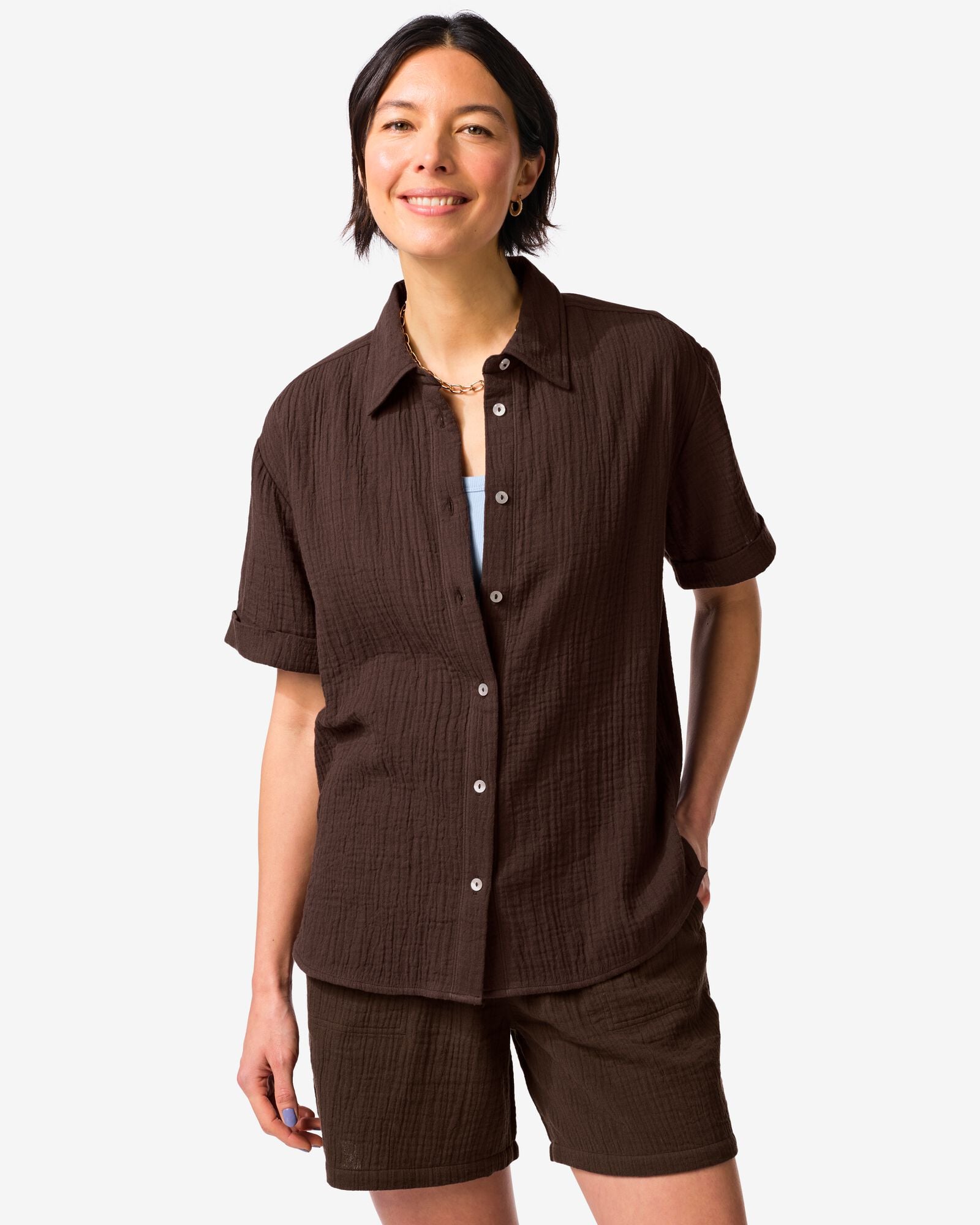 Bluse Kai, Knitteroptik, Musselin dunkelbraun dunkelbraun - 36304370DARKBROWN - HEMA